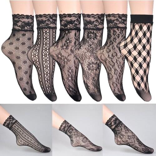 Vintage Lace Ladies Socks Summer Floral Mesh Elastic Transparent Short Ankle Socks Lolita Women Dress Fishnet Black Socks Female