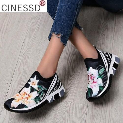 Women Sneakers Flower Sock Shoes Wedges Height Increasing Chunky Thick Sole Platform Vulcanized Ladies Loafers Zapatos De Mujer