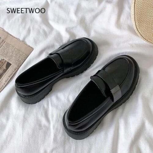 Woman Solid Black PU Leather Loafers 2021 Casual Women Slip on Flats Round Toe Platform Shoes