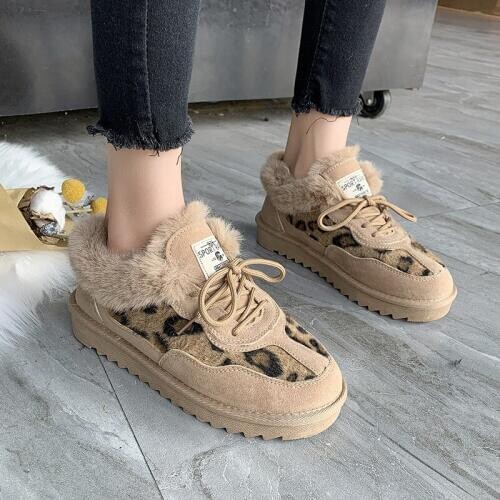 Women Flats Ankle Snow Boots Winter Warm woman Round-toe Female Flock Leather Leopard lace up low&high top Fur Boots Women Shoes