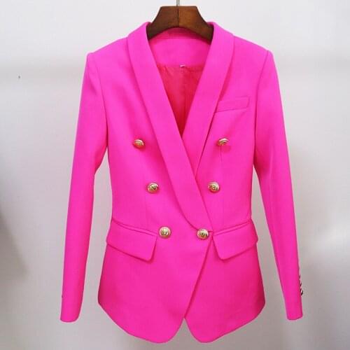 Free Shipping 2021 Designer Fashion Hot Pink Blazers And Jackets Women High Street Stylish Double Breasted Shawl Collar Blazer
