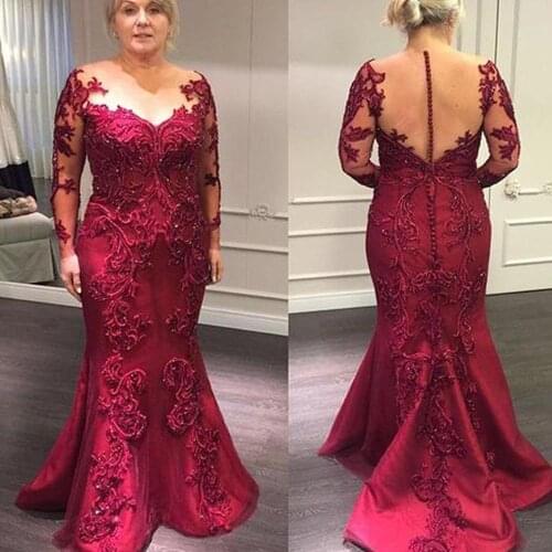 2022 red prom dresses plus v neck lace appliques beading long sleeve mermaid dark red evening dresses lace evening gowns