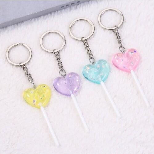 1PC Keychain Women Charms Heart Lollipop Flatback Resin Glitter Pendant Accessory for Keyring DIY