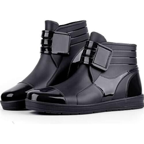 2020 Fashion PVC Waterproof RainBoots Waterproof Flat Shoes Men Black Rainboots Blue Rubber Ankle Boots Buckle Botas