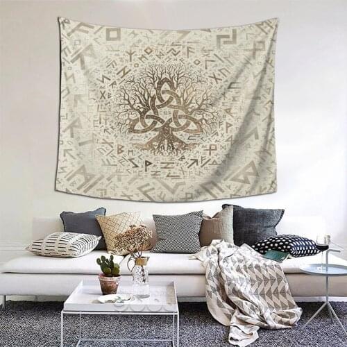 Tree Of Life With Triquetra And Futhark Tapestry Viking Runes Tapestry Wall Bedspread Bohemian Hanging Blanket For Bedroom Dorm