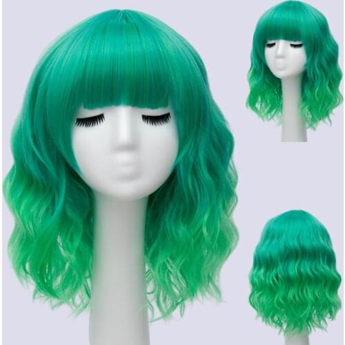 GAKA Synthetic Hair Womens Short Curly Green Purple Cosplay Wig with Bangs Heat-resistant Wig