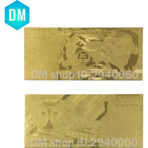 Hot Sale High Quality Italy Banknote 99.9% Gold Foil Plated 10pcs Italian 50000 Lira Replica Money Free Shipping