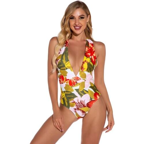 Free Shipping Sexy deep V-neck Printed Triangle One Piece Swimsuits, High Waist Bikinis Swimsuits Women Push Up Swimwear