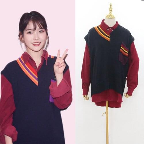 Kpop IU Lee Ji Eun same streetwear color matching knitting warm hoodies women wine red corduroy lapel sweatshirts female clothes