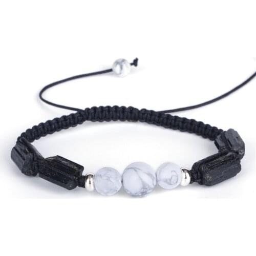 Healing Rough Tourmaline Semi Precious Mineral Stone Beads Charm White Howlite Adjustable Macrame Bracelet for Unisex Women Man
