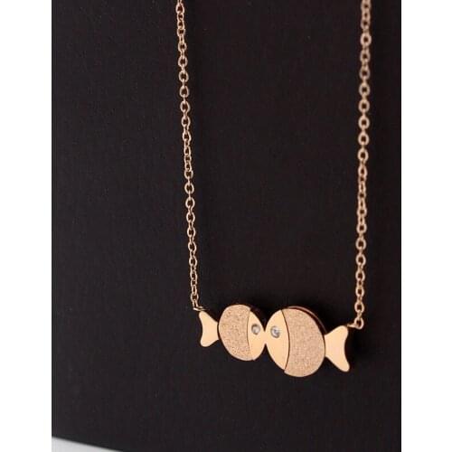 Fashion Stainless Steel Love Crystal Double Kiss Fish Pendant Necklaces Rose Gold Color Women Lady Party Gift