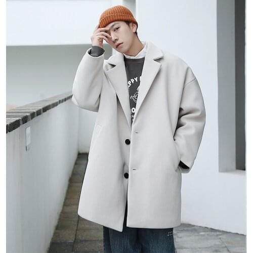 2021 Mens Winter Vintage Oversized Wool Coat Male Harajuku Causal Windbreaker Men Korean Fashion Solid Long Trench Coat