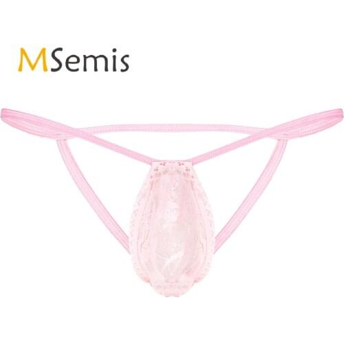 Mens Sexy Open Butt T-back G-String Thongs Briefs Panties Erotic Lingerie See-through Lace Bulge Pouch Underwear for Gay Male