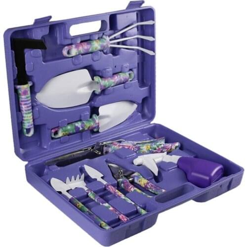Outdoor Garden Pruning Tool Set Printing 10 Pcs Garden Tool Set Purple Plastic Box Shovel Scissors Potted plants in watering can