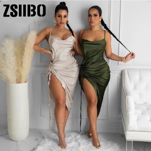 Nightgown Ruched Satin Bow Summer Dress Split fork Drawstring Neck Backless Long Dresses Women Party Sexy vintage clothing bar