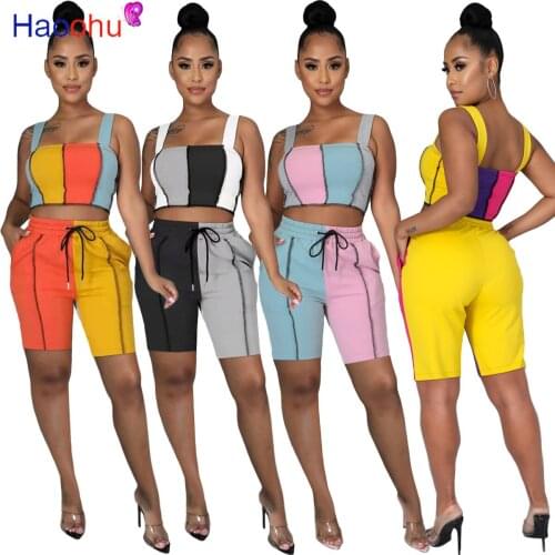 HAOOHU Patchwork Sexy Two Piece Set Spaghetti Strap Crop Top Lace Up Shorts Summer Outfits for Women Tracksuit Matching Sets