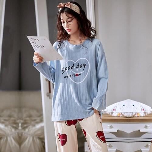 Elegant Light Blue Long Sleeve Women Pajamas Set Cotton Winter Warm Home Suit Cute Smile Love Pattern Girl Sweet Ulzzang Pajamas