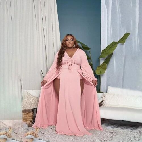 ChocoMisty-LadyPlus Plus-size Dresses V Neck Lace-up Thigh Split Maxi Dress DHN001