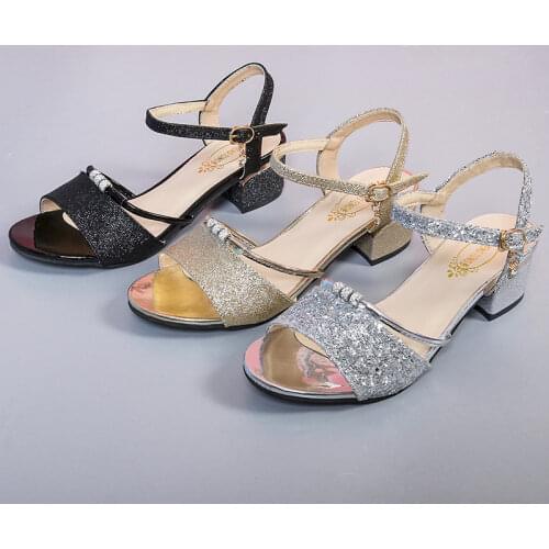 Golden PU Leather Sequined Metal Decoration Bling Square Heel Sandals Fish Mouth Non-Slip Rome Women Shoes Designer Slippers