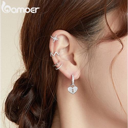 Bamoer 1PC 925 sterling silver ear clipr Hoop Earrings for Women silver Circle Earrings women party earring Wedding BSE337