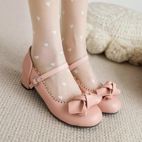 Sweet Lolita Princess Mary Janes Shoes White Pink Bowtie Ruffles Uniform School Shoes for Girls Mid Heel Black Punk Lace