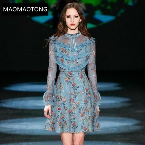 Womens Clothing Fashion Designer Dress Autumn Womens Dress Mesh Flare Sleev Ruffles Floral Print Slim Elegant Dresses