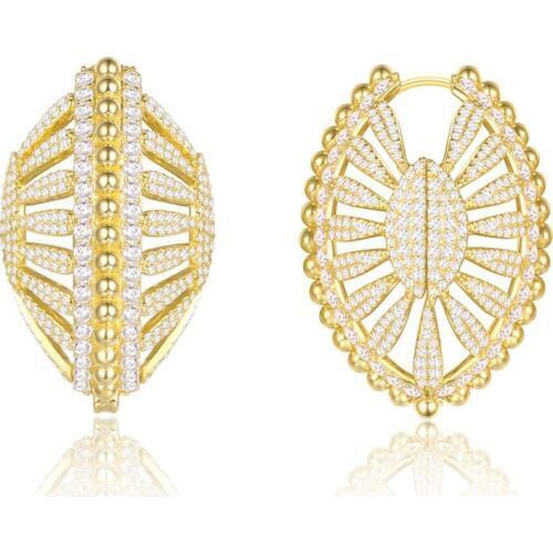 SLJELY High Quality 925 Sterling Silver Yellow Gold Color Fan Shell Oval Earrings 5A Cubic Zirconia Stones Fine Women Jewelry