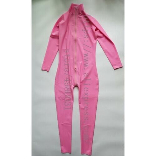 Womens pink Fetish latex suit made of 100% real & natural latex materials and with front zipper to low back