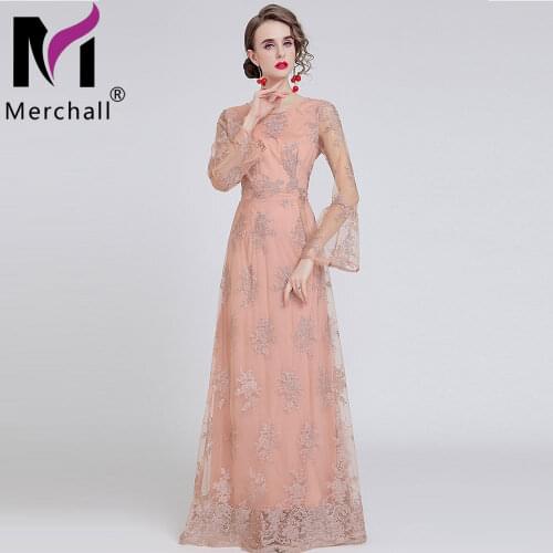 High Quality Elegant Mesh Maxi Party Dress Female Embroidery O Neck Flare Sleeve A Line Long Prom Dresses Woman Clothing M68665