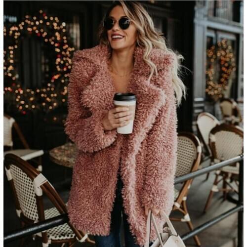 2021 Winter Plush Coat Long Sleeve Coat Lapel Solid Color Temperament Women Clothing