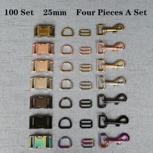 100 Sets 25mm Metal D Ring Snap Hook Straps Slider Adjustable Release Buckle DIY Dog Collar and Leash Accessories 4JT25mmB07