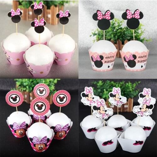 12pcs Wrappers + 12pcs Toppers Minnie Mouse Paper Cupcake Cake Toppers Wrappers happy birthday Adult favors Party Decoration