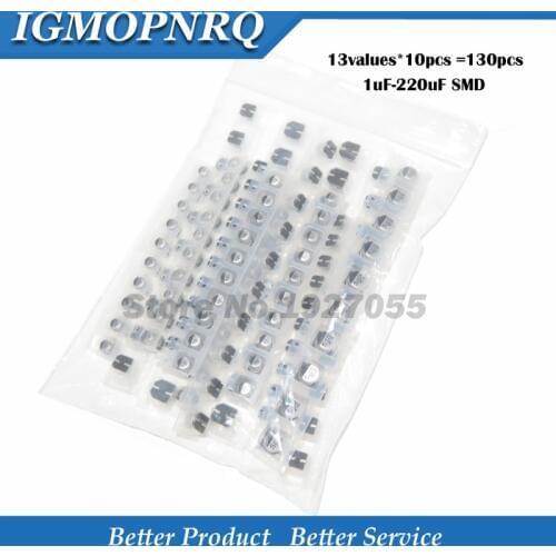 130PCS/LOT 1uF-220uF SMD Aluminum Electrolytic Capacitor Assorted Kit Set, 13values*10pcs=130pcs Samples Kit