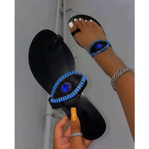 2021 fashion sexy roman rhinestone round toe flat bottom outdoor female beach slippers Plus Size Eye pattern