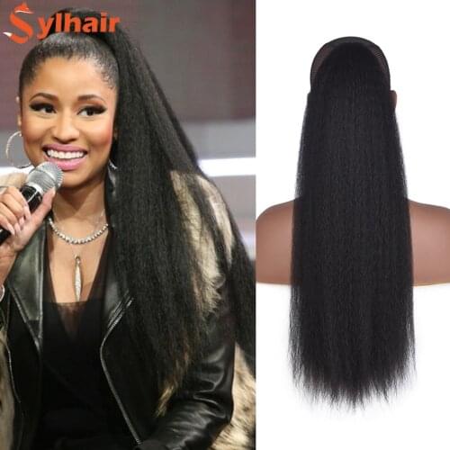 Long Kinky Straight Ribbon Drawstring Fake Ponytails Clip on Hair Tail Extensions Synthetic Natural Hair Pieces With Hairpins