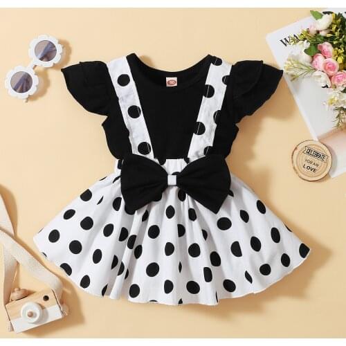 Baby Girls Ruffles Sleeveless T-shirt + Girl Bowknot Dot Red Suspender Skirt Baby Outfit Summer Clothing Toddler 2PCS set