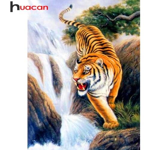 Huacan Full Square/round Diamond Painting Tiger Waterfall Sticker Decor Diamond Embroidery Mosaic Animal Scenery Crystal Art