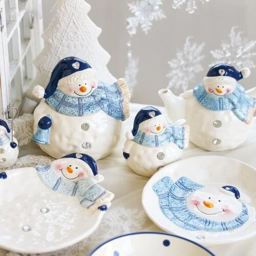 Creative Cute Snowman Ceramic Crafts Dessert Plate Snack Dish Household Holiday Earthenware Dishes Teapot Set Gift