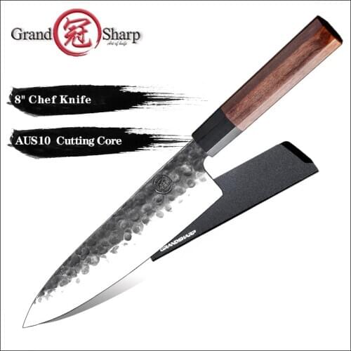 Grandsharp Handmade Kitchen Knives 8 inch Chef Knife Japanese AUS10 High Carbon Steel ECO Friendly Cooking Tools Wooden Handle