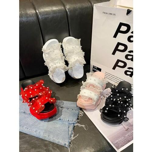 Trendy Fashion Ruffled Pearl Sweet And Elegant Lady Slippers Summer Hot-Selling Thick-Soled Beach Shoes For Outer Wear