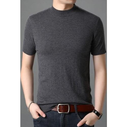 Man Pure Wool Sweater Short Sleeve Cashmere Jumper Male 100% Merino Wool T Shirts Solid Color Knit Tops Pullovers