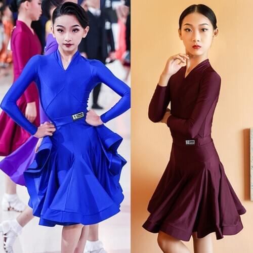 New Latin Dance Competition Clothes Girls Long Sleeved Skirts Suit Chacha Samba Tango Latin Dance Costumes Dancewear DN7278