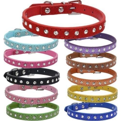 11 Color Solid Soft Pet Dog Collars For Small Dogs Leash Accessories Cow Suede Leather Diamond Dog Cat Necklace Harness