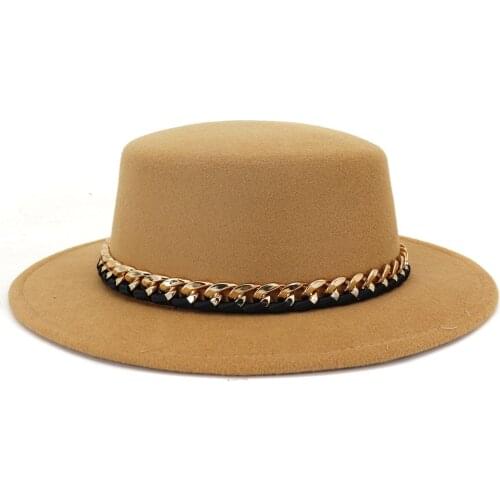 Winter autumn Women Wool felt Boater hat Flat Top Fedoras hat ladies Top hat with Chain Band Wide Brim Feltro Bowler Gambler Hat