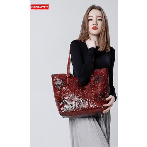 New Retro Genuine Leather Womens Handbags Pressure Pattern Computer Shoulder Bag Cowhide Messenger Crossbody Shopping Bags Big