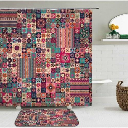 2Pcs/Set Bohemian Style Printing Shower Curtain Set Mat Waterproof Bath Curtain+Non-slip Mat Toilet Bathroom Home Decor