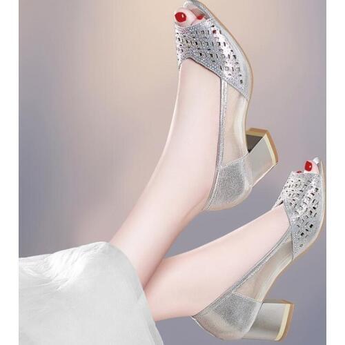 New Fashion Women High Heels Crystal Casual Mesh Shoes Platform Pumps Sandals Peep Toe Woman Size 40