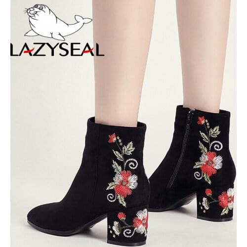 LazySeal Boots Women Embroider Flower High Heel Ankle Boots Black Flock Leather Square Heels Zipper Flower Shoes Woman