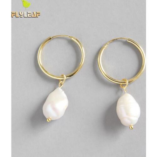Flyleaf Gold Irregular Baroque freshwater pearls Dangle Earrings For Women 925 Sterling Silver Lady Fashion Jewelry