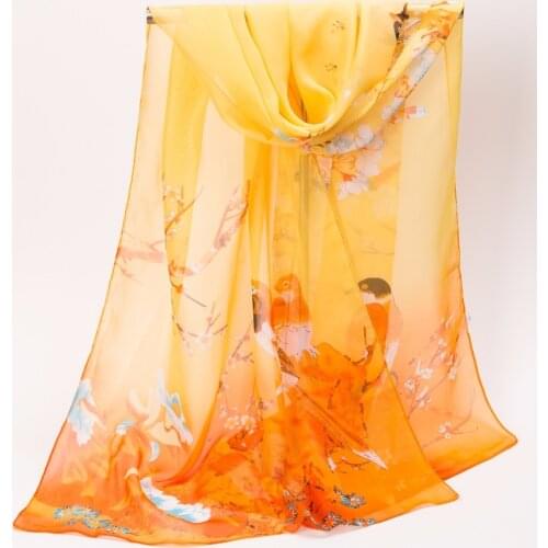 2018New Women Chiffon Scarves Elegant Floral Printed Women Scarf Chinese Unique Designer Flowers Birds Scarves Long